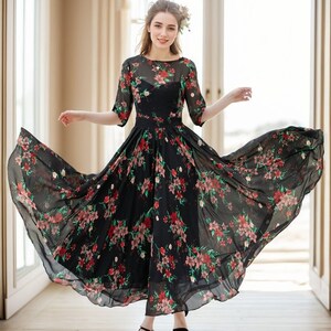 Black Floral Chiffon Dress, Swing Maxi Dress, Fit and flare Dress, Women's Summer Party Dress, Bridesmaid Dress, Custom Dress, Xiaolizi 5112