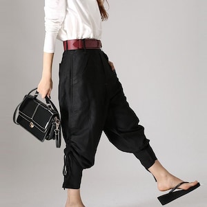 Linen pants, Black linen pants, Linen Capri Pants, Casual Black Tapered pants, Linen Pants  with patchwork pocket, tapered trousers 0850#