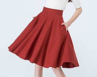 Falda de círculo completo de lino rojo de la década de 1950, falda skater de cintura alta, falda midi de línea con bolsillos, falda swing acampanada, falda plisada de mujer 1689