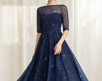 Swing Maxi Chiffon Dress, Sparkly Star Mesh, Boat Neckline, Xiaolizi 2353#