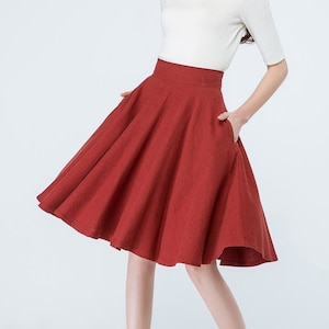 1950s Red Linen Full Circle Skirt, High Waisted Skater Skirt, A Line Midi skirt with Pockets, Flared Swing Skirt, Women&#39;s Pleated Skirt 1689