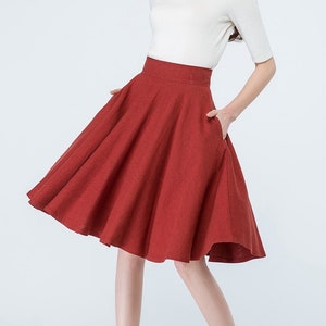 1950s Red Linen Full Circle Skirt, High Waisted Skater Skirt, A Line Midi skirt with Pockets, Flared Swing Skirt, Women's Pleated Skirt 1689 1-Red-1689