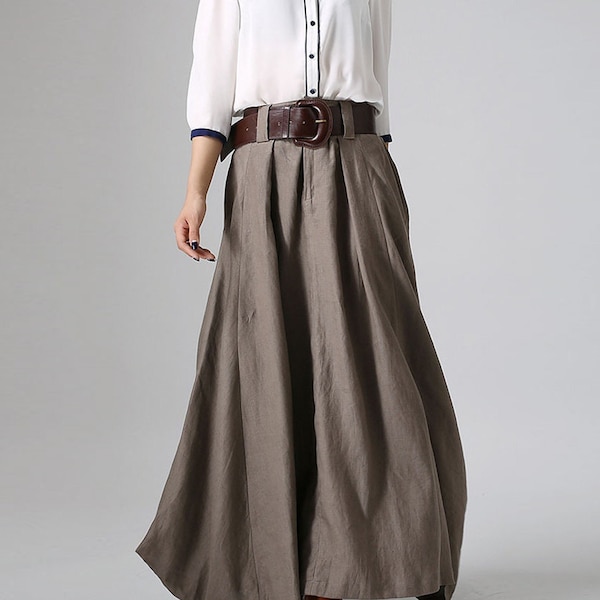 Linen Maxi skirt with big pockets, swing Long Linen Skirt for women, Asymmetrical skirt, brown skirt, casual skirt, custom skirt 0905#