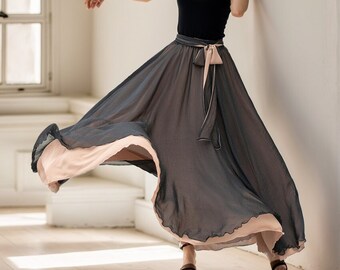 Black Chiffon Maxi Skirt Women, Swing Full Circle Skirt, Boho Maxi Skirt, Elastic Waist Chiffon Skirt with Belted, Plus Size Skirt 5107