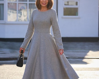 Gray Swing Wool Dress, Long Sleeve Wool Dress, Vintage Woman Dress, Fit and Flare Dress, Autumn Winter Dress, Custom Dress, Xiaolizi 4143