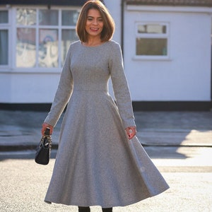 Gray Swing Wool Dress, Long Sleeve Wool Dress, Vintage Woman Dress, Fit and Flare Dress, Autumn Winter Dress, Custom Dress, Xiaolizi 4143