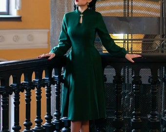 Vintage Inspired Wool Dress, Green Wool Midi Dress For women, Retro winter warm Wool Dress, Mandarin Collar wool dress, Xiaolizi 3385#
