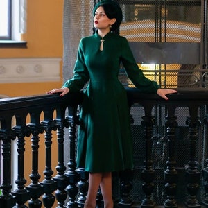 Vintage Inspired Wool Dress, Green Wool Midi Dress For women, Retro winter warm Wool Dress, Mandarin Collar wool dress, Xiaolizi 3385#