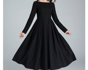 Schwarzes Midi-Wollkleid für den Winter, Faltenkleid mit U-Boot-Ausschnitt, Langarmkleid mit Taschen, Tailliertes und Flare-Kleid, Retro-Tageskleid 1622 #