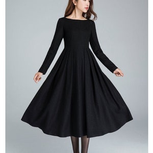 Black Winter Midi Wool Dress, Boat Neck Pleated Dress, Long Sleeve Dress with Pockets, Fitted and Flare Dress, Retro Day Dress 1622 image 1