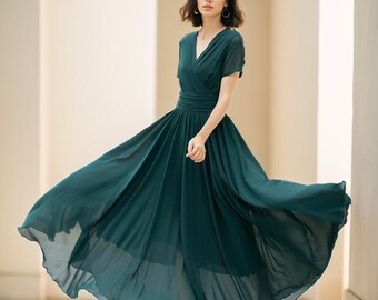 Chiffon Wedding dress, Green Maxi Bridesmaid dress, Short sleeve chiffon dress, Summer women wedding guest dress, Prom dress, Xiaolizi 5114