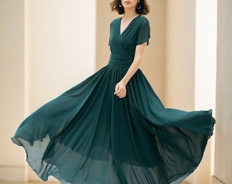 Chiffon trouwjurk, groene maxi bruidsmeisjesjurk, chiffon jurk met korte mouwen, zomer vrouwen bruiloft gast jurk, prom jurk, Xiaolizi 5114