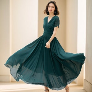 Chiffon Wedding dress, Green Maxi Bridesmaid dress, Short sleeve chiffon dress, Summer women wedding guest dress, Prom dress, Xiaolizi 5114