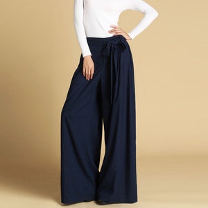 Navy blue pants, linen pants, palazzo pants, wide leg pants, summer pants, pants with pockets, pants women, long linen pants  0471#