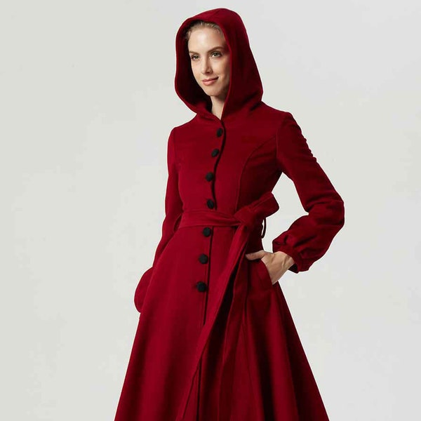 Long wool coat, Hooded wool coat, Long sleeve wool coat, Winter coat women, Red Wool coat, Warm winter coat women, Winter outerwear 1977#