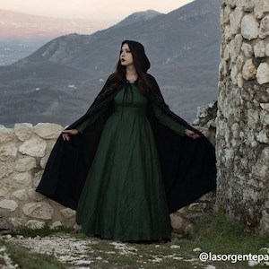 Black Medieval Linen Maxi Cloak with Hood, Linen Ranger Hooded Cloak, Fantasy Cosplay Costume Cape, Long Linen Hooded Renaissance Cloak 3288