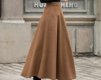 Brown Wool Maxi Skirt Women, High Waist Flared Skirt, Warm Winter Skirt, A Line Long Skirt, Plus Size Skirt, Swing Skirt Xiaolizi 3149