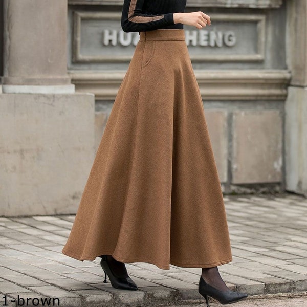 Brown Wool Maxi Skirt Women, High Waist Flared Skirt, Warm Winter Skirt, A Line Long Skirt, Plus Size Skirt, Swing Skirt Xiaolizi 3149