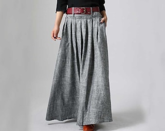 women linen maxi skirt, swing long pleated skirt, gray skirt, pockets skirt, casual skirt, xiaolizi 0911#