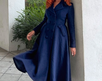 ウールコート、ブルーロングウールコート、レディース暖かい冬コート