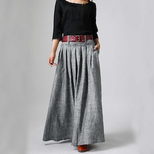 women linen maxi skirt, swing long pleated skirt, gray skirt, pockets skirt, casual skirt, xiaolizi 0911#