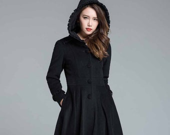 Wool coat, Wool Coat winter, Hooded wool Coat, Vintage inspired Wool Swing coat, Womens coats, Custom made coat, mod clothing  1649#