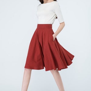 1950s Red Linen Full Circle Skirt, High Waisted Skater Skirt, A Line Midi skirt with Pockets, Flared Swing Skirt, Women's Pleated Skirt 1689 image 3