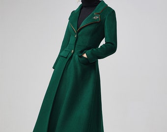 Long Sleeve Lapel Collar Single Breasted Wool Blend Coat With Brooch, Women Green Swing Hem Long Wool Coat xiaolizi 2-2202#