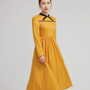 yellow dress, winter wool dress, fit and flare dress, formal dress, warm dress, womens dresses, long sleeves dress, modern dress 2233 image 2