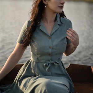 Green Midi Linen Shirtwaist Fit and Flare Swing Dress 3450# Green Midi Linen Shirtwaist Fit and Flare Swing Dress 3450#