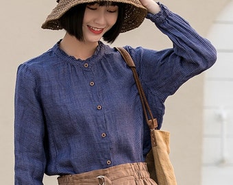 Blue Vintage Check Linen Tops Clothing, Retro Ruffle Crew Neck Linen Shirts, Long Sleeve Cotton Linen Top, Handmade Date Party Blouse 2833#