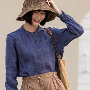 Blue Vintage Check Linen Tops Clothing, Retro Ruffle Crew Neck Linen Shirts, Long Sleeve Cotton Linen Top, Handmade Date Party Blouse 2833#