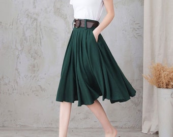 Green Linen Full Circle Skirt With Pockets, Pleated Linen Skirt