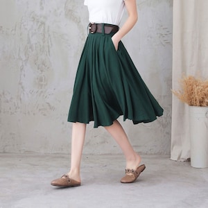 Green Linen Full Circle Skirt with Pockets, Pleated Linen Skirt, Knee Length Skirt, High Waist Flared Skirt, Spring Summer Swing Skirt 3305