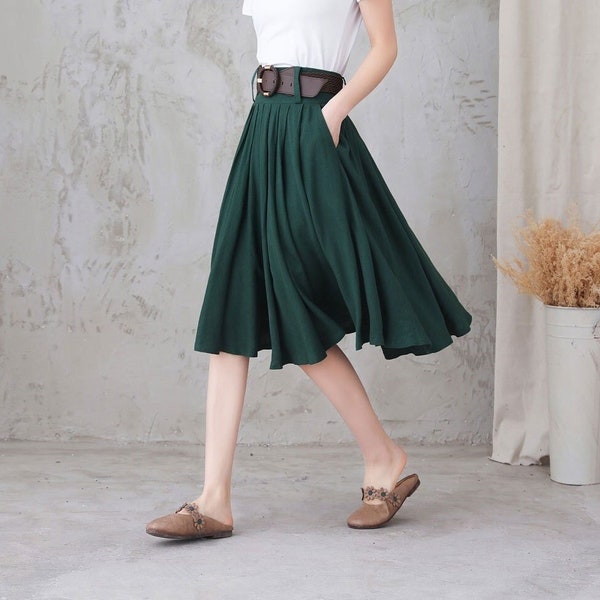 Jupe ronde en lin verte avec poches, jupe plissée en lin, jupe jusqu'au genou, jupe évasée taille haute, jupe trapèze printemps-été 3305