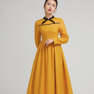 yellow dress, winter wool dress, fit and flare dress, formal dress, warm dress, womens dresses, long sleeves dress, modern dress 2233 image 1