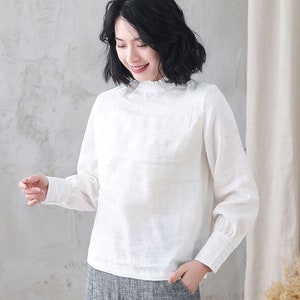 Women's white Linen Blouse, Plus Size Blouse, Minimalist Blouse, Long Sleeve Linen Blouse, Spring Summer Blouse, Custom Tops, Xiaolizi 3344 1-white