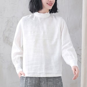 Women's white Linen Blouse, Plus Size Blouse, Minimalist Blouse, Long Sleeve Linen Blouse, Spring Summer Blouse, Custom Tops, Xiaolizi 3344 image 3