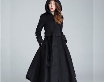 Vintage Inspired Black Swing Hooded Wool Coat, Long Wool Coat, Midi Wool Princess Coat, Winter Coat Women, Wool Trench Coat Jacket 1638