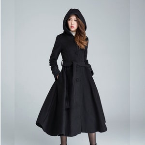 Vintage Inspired Black Swing Hooded Wool Coat, Long Wool Coat, Midi Wool Princess Coat, Winter Coat Women, Wool Trench Coat Jacket 1638