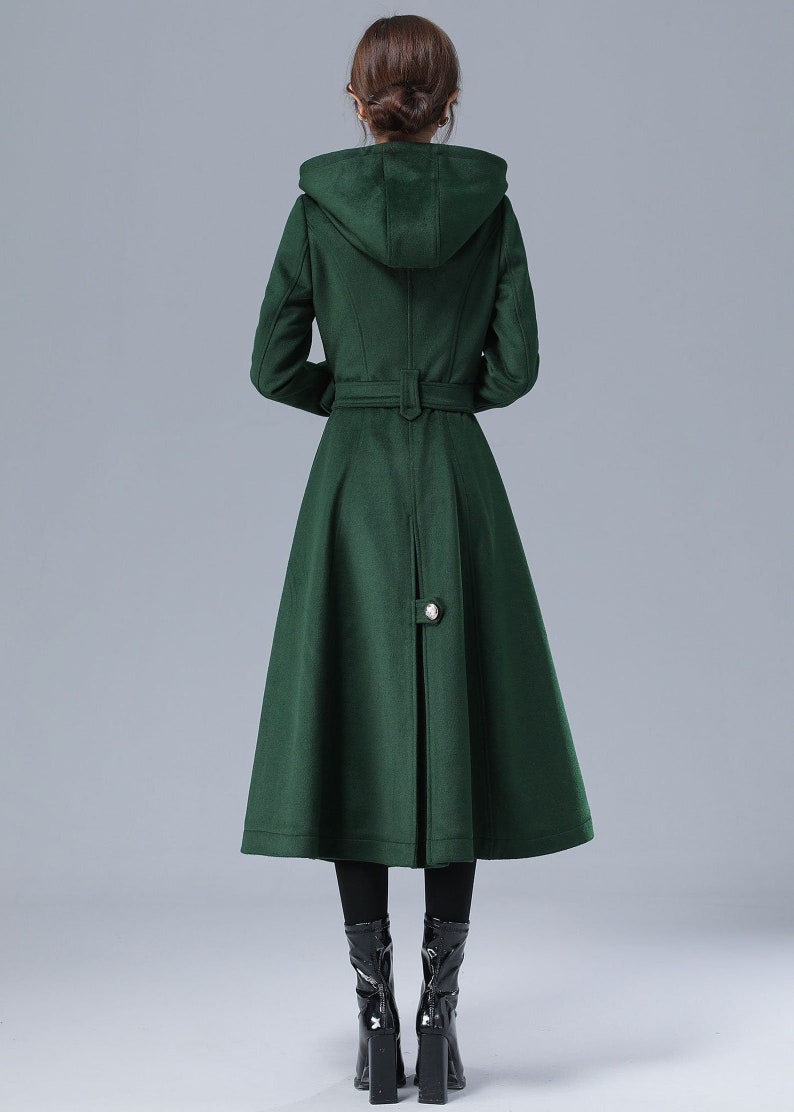 Damen Trenchcoat, Militärmantel Damen, Grüner langer Wollmantel mit Kapuze, Wintergürtel Swing Coat, doppelreihige Prinzessin Mantel 3212 Bild 10