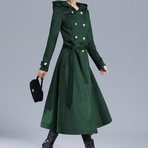 Damen Trenchcoat, Militärmantel Damen, Grüner langer Wollmantel mit Kapuze, Wintergürtel Swing Coat, doppelreihige Prinzessin Mantel 3212 Bild 9