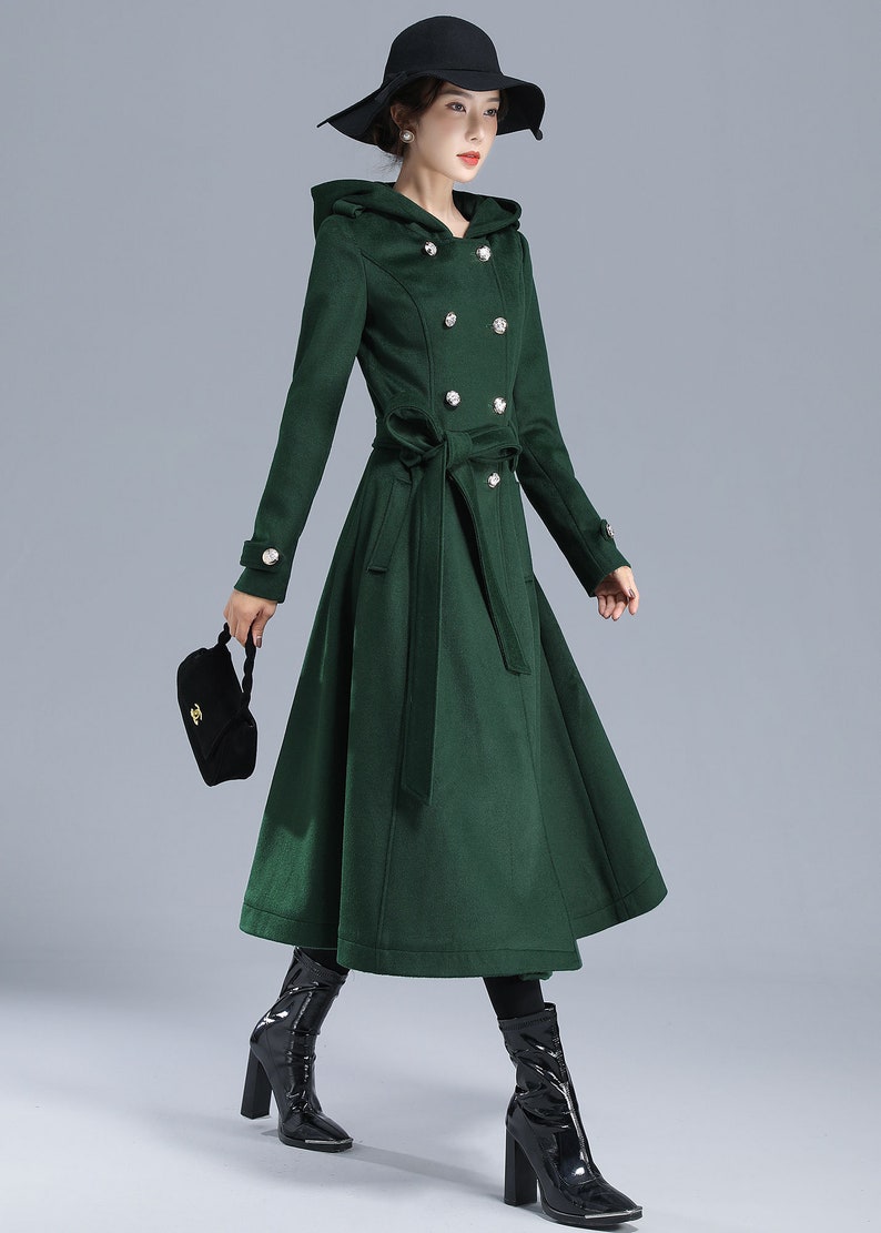 Damen Trenchcoat, Militärmantel Damen, Grüner langer Wollmantel mit Kapuze, Wintergürtel Swing Coat, doppelreihige Prinzessin Mantel 3212 Bild 9