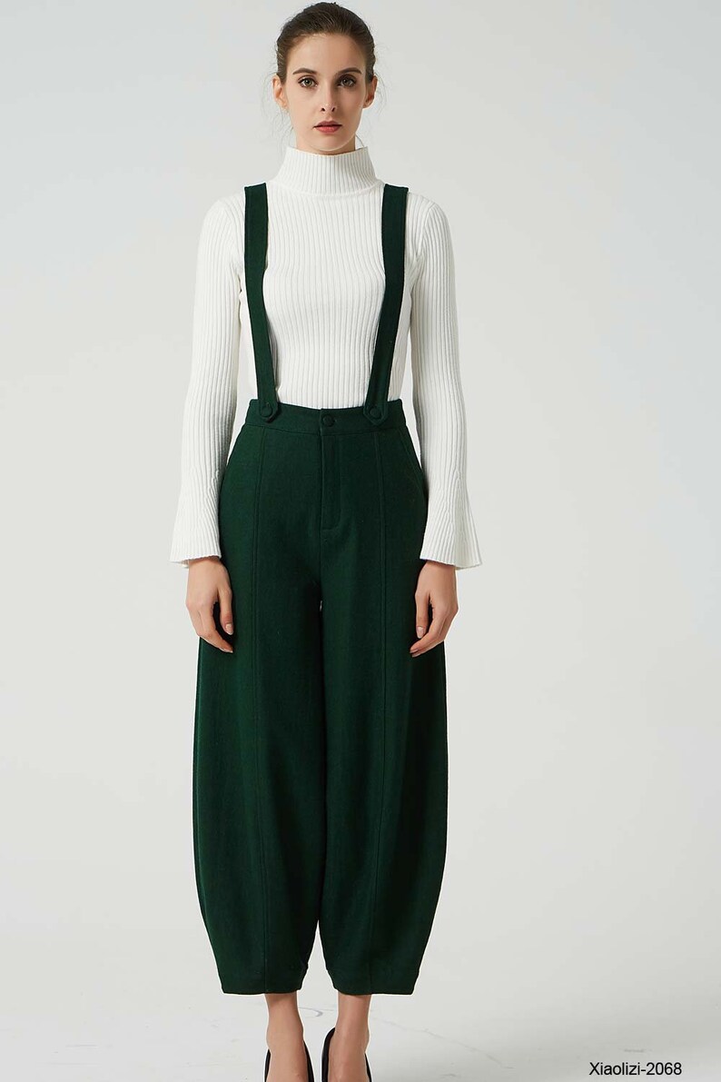 Green wool pants Suspender pants wool pants womens pants Etsy
