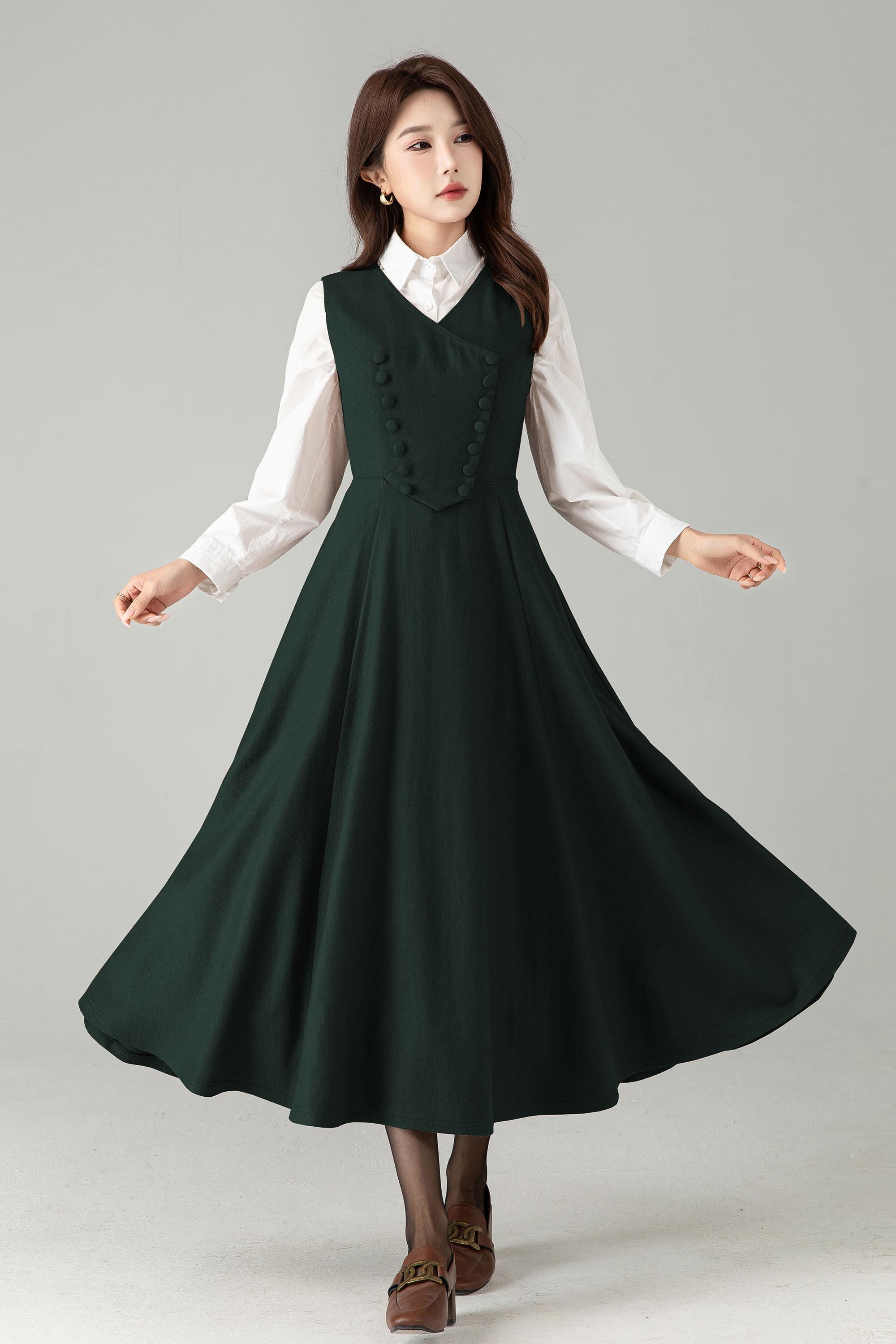 Handmade Wool Blend Pinafore Dress - Sleeveless A-line Midi