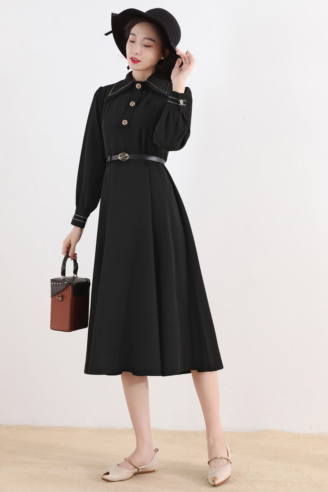 Long sleeve Shirtwaist Dress Vintage inspired Black midi | Etsy