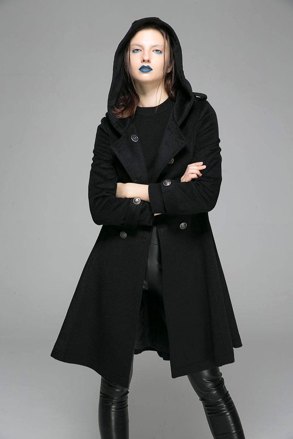 Military Coat, Hooded Coat, Wool Coat, Black Coat, Fitted Coat