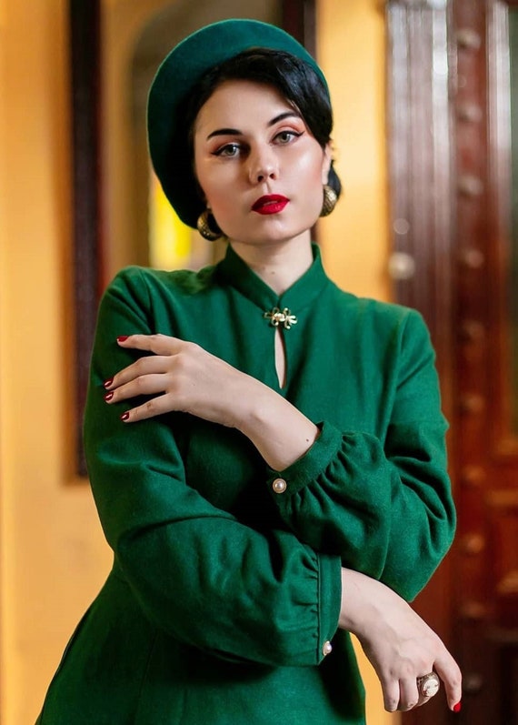 Vintage Inspired Green Midi Wool Dress 3385 Vintage Inspired Green Midi Wool Dress 3385