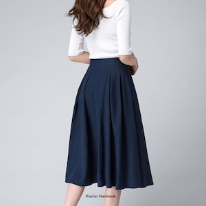 High Waist A Line pleated midi skirt, Women's swing vintage skirt with pockets, Linen midi skirt, Xiaolizi 1500 image 6