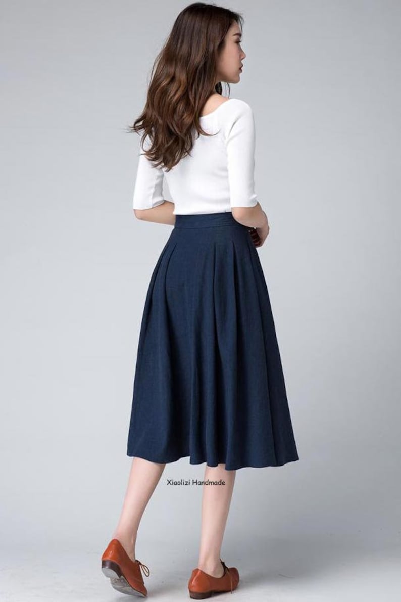 High Waist A Line pleated midi skirt, Women's swing vintage skirt with pockets, Linen midi skirt, Xiaolizi 1500 image 6